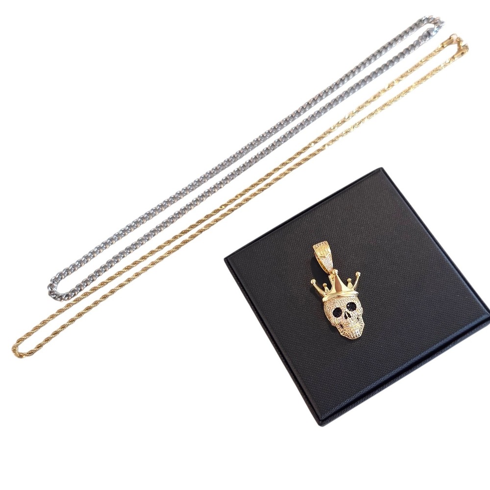 Hello Ice Iced Out Skull Crown CZ Pendant Gold Rope Chain + Silver Cuban